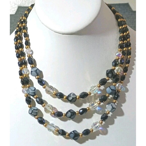 AB Crystal Black Glass Gold Tone Beaded Vintage Collar Triple Strand Necklace - Picture 1 of 8